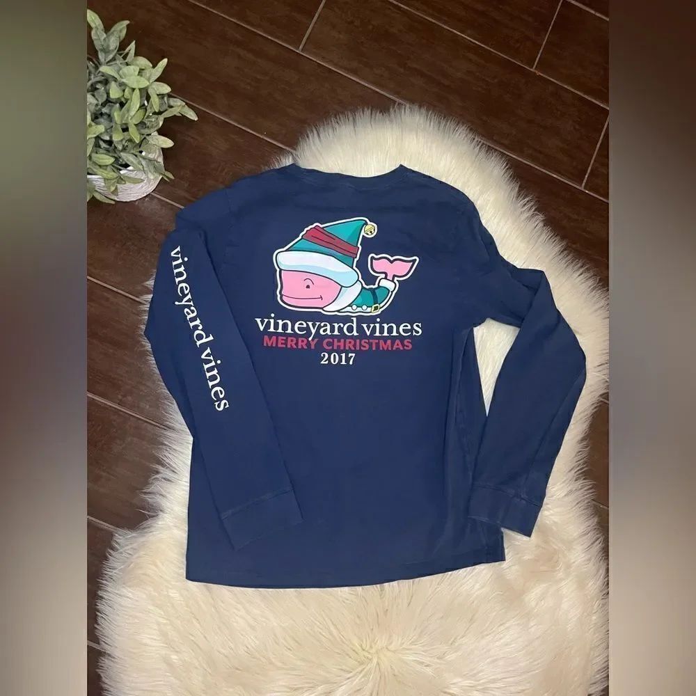 Vineyard Vines Elf Santa Whale Long-Sleeve Pocket Tee Merry Christmas 2017 sz LG